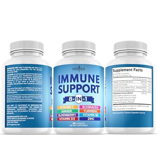 NEW AGE 8 in 1 Immune Support Booster Supplement with Echinacea, Vitamin C and Zinc 50mg, Vitamin D 5000 IU, Turmeric Curcumin & Ginger, B6, Elderberry 60 Count - görsel 5
