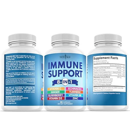 NEW AGE 8 in 1 Immune Support Booster Supplement with Echinacea, Vitamin C and Zinc 50mg, Vitamin D 5000 IU, Turmeric Curcumin & Ginger, B6, Elderberry 60 Count
