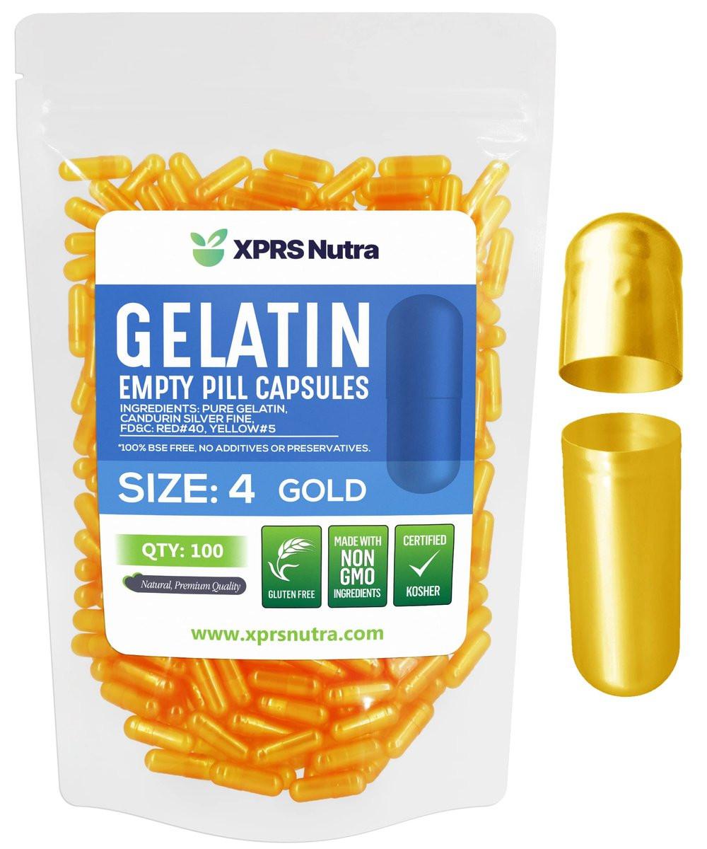 XPRS Nutra Size 4 Empty Capsules - 100 Count Small Empty Gelatin Capsules - Pills DIY Capsule Filling - Fillable Pure Bovine Pill Gel Caps for Do-It-Yourself Supplements (Gold) - görsel 1