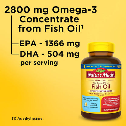 Nature Made Extra Strength Omega 3 Fish Oil Supplements, 2800mg, Fish Oil Omega 3 Supplements as Ethyl Esters for Healthy Heart, Brain, Eyes, Mood Support, 60 Softgels, 30 Day Supply