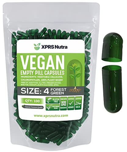 XPRS Nutra Size 4 Empty Capsules - 100 Count Small Empty Vegan Capsules - DIY Vegetable Capsule Filling - Fillable Do-It-Yourself Veggie Pill Caps for Supplements (Forest Green)
