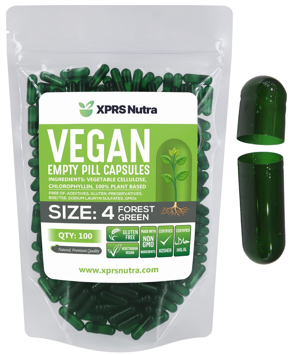 XPRS Nutra Size 4 Empty Capsules - 100 Count Small Empty Vegan Capsules - DIY Vegetable Capsule Filling - Fillable Do-It-Yourself Veggie Pill Caps for Supplements (Forest Green) - görsel 1