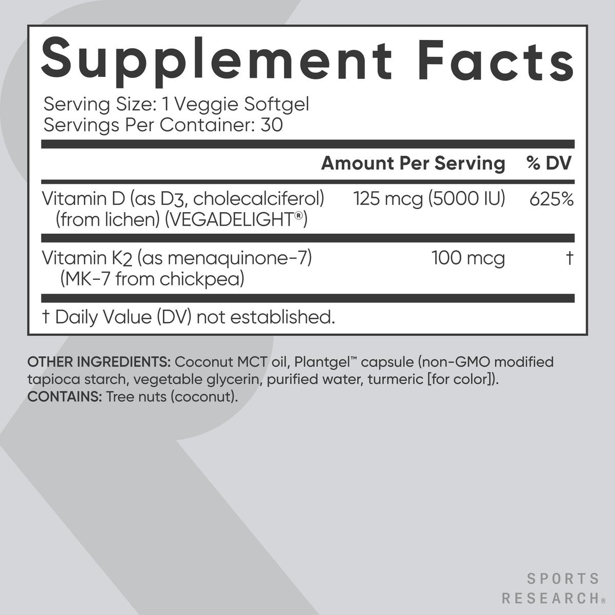 Sports Research® Vitamin D3 + K2 w/Coconut Oil - Vegan Vitamin D 5000iu (125mcg) & Mk7 Vitamin K 100mcg for Bone & Immune Support - Vegan Certified · Non-GMO · Soy Free - 30 Softgels - görsel 9