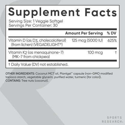 Sports Research® Vitamin D3 + K2 w/Coconut Oil - Vegan Vitamin D 5000iu (125mcg) & Mk7 Vitamin K 100mcg for Bone & Immune Support - Vegan Certified · Non-GMO · Soy Free - 30 Softgels