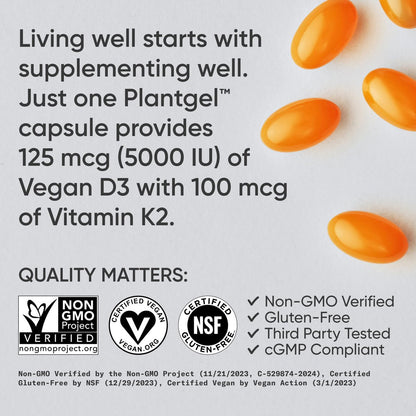 Sports Research® Vitamin D3 + K2 w/Coconut Oil - Vegan Vitamin D 5000iu (125mcg) & Mk7 Vitamin K 100mcg for Bone & Immune Support - Vegan Certified · Non-GMO · Soy Free - 30 Softgels