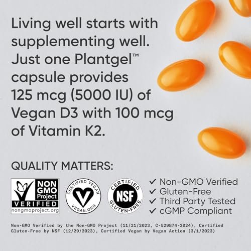 Sports Research® Vitamin D3 + K2 w/Coconut Oil - Vegan Vitamin D 5000iu (125mcg) & Mk7 Vitamin K 100mcg for Bone & Immune Support - Vegan Certified · Non-GMO · Soy Free - 30 Softgels - görsel 8
