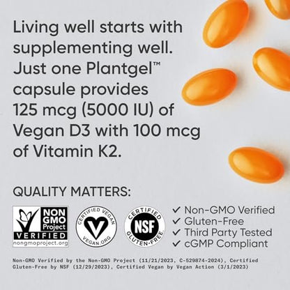 Sports Research® Vitamin D3 + K2 w/Coconut Oil - Vegan Vitamin D 5000iu (125mcg) & Mk7 Vitamin K 100mcg for Bone & Immune Support - Vegan Certified · Non-GMO · Soy Free - 30 Softgels