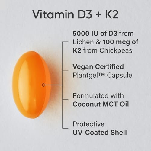 Sports Research® Vitamin D3 + K2 w/Coconut Oil - Vegan Vitamin D 5000iu (125mcg) & Mk7 Vitamin K 100mcg for Bone & Immune Support - Vegan Certified · Non-GMO · Soy Free - 30 Softgels - görsel 4