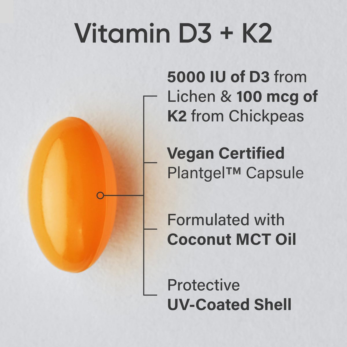 Sports Research® Vitamin D3 + K2 w/Coconut Oil - Vegan Vitamin D 5000iu (125mcg) & Mk7 Vitamin K 100mcg for Bone & Immune Support - Vegan Certified · Non-GMO · Soy Free - 30 Softgels - görsel 3
