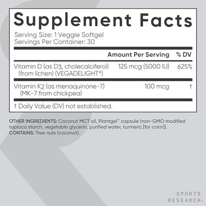 Sports Research® Vitamin D3 + K2 w/Coconut Oil - Vegan Vitamin D 5000iu (125mcg) & Mk7 Vitamin K 100mcg for Bone & Immune Support - Vegan Certified · Non-GMO · Soy Free - 30 Softgels