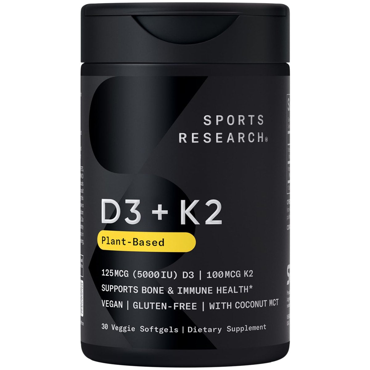 Sports Research® Vitamin D3 + K2 w/Coconut Oil - Vegan Vitamin D 5000iu (125mcg) & Mk7 Vitamin K 100mcg for Bone & Immune Support - Vegan Certified · Non-GMO · Soy Free - 30 Softgels - görsel 1