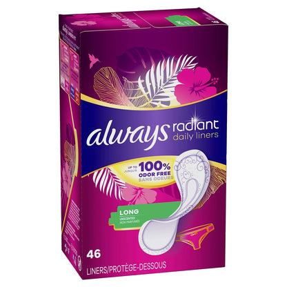 Always Radiant Daily Liners Long – 46 Count, CleanGuard Protection