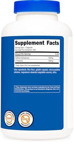Nutricost Caffeine with L-Theanine, 100mg of Each, 240 Capsules, 240 Servings - Non-GMO and Gluten Free - görsel 8