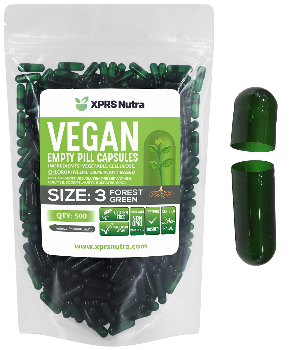 XPRS Nutra Size 3 Empty Capsules - 500 Count Empty Vegan Capsules - Vegetarian Empty Pill - DIY Vegetable Capsule Filling - Veggie Pill Caps (Forest Green) - görsel 1