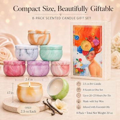 Scented Candles Gift Set for Women, 8 Pack Fruity Floral Soy Wax Aromatherapy Candles, Travel Tin Candles in Artist Gift Box, Birthday Gifts for Mom, Wife, Sister, Friend, Mother's Day, Christmas
