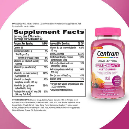 Centrum MultiGummies Multi+ Omega 3 Dual Action, Adult Multivitamin, Multivitamin/Multimineral/Omega 3 Supplement, Strawberry/Lemon/Orange Flavors - 110 Count