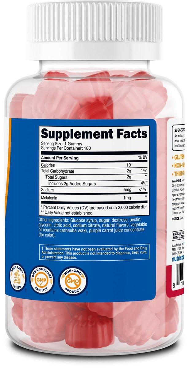 Nutricost Melatonin 1mg, 180 Gummies, Strawberry Flavored - Gluten Free, Non-GMO, No Corn Syrup - görsel 1