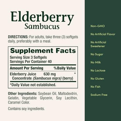Nature's Bounty Sambucus Elderberry Herbal Supplement, Rapid Release Softgels, 630 mg per Serving, 120 Count