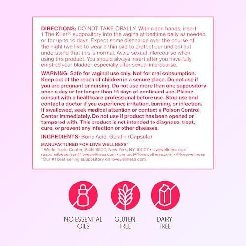 Love Wellness The Killer | Boric Acid Vaginal Suppositories | Balances pH & Supports Odor Control, a Healthy Vaginal Balance and Environment | Fast-Acting & Fragrance-Free | Gentle & Effective | 14 Ct - görsel 2