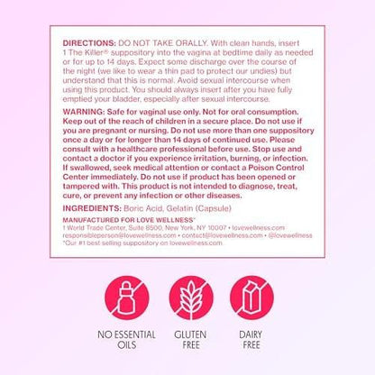 Love Wellness The Killer | Boric Acid Vaginal Suppositories | Balances pH & Supports Odor Control, a Healthy Vaginal Balance and Environment | Fast-Acting & Fragrance-Free | Gentle & Effective | 14 Ct