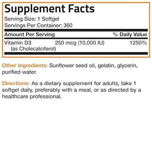 Bronson Vitamin D3 10,000 IU (250 mcg) High Potency - Supports Healthy Immune System, Strong Bones, Muscles & Teeth - Non GMO, 360 Softgels - görsel 7