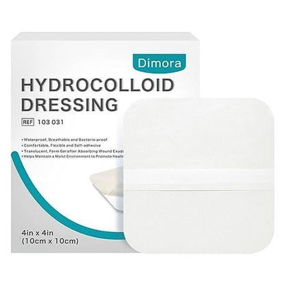 Dimora Hydrocolloid Wound Dressing, 10 Pcs Ultra Thin 4" x 4" Large Patch Bandages with Self-Adhesive, Fast Healing for Bedsore, Burn, Blister, Acne Care, Sterile and Waterproof