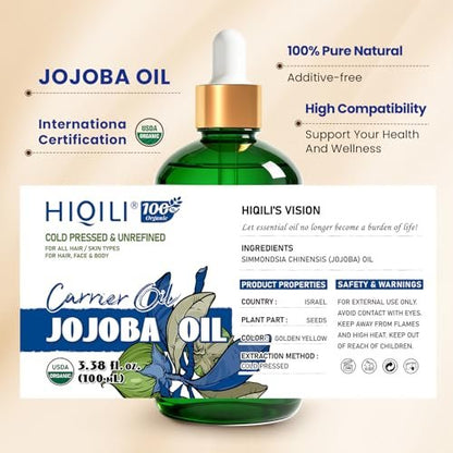 HIQILI 100ML Jojoba Oil Organic for Hair Growth, 100% Pure Cold Pressed Unrefined, Included Roller Bottle for Massage - 3.38 Fl Oz