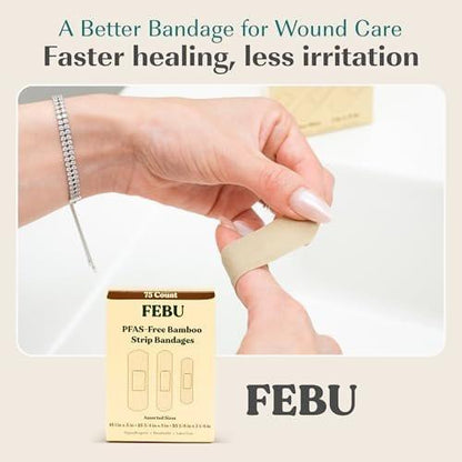 FEBU Bamboo Fabric Bandages | PFAS Free Flexible Fabric Bandages | Latex Free Bandage | Natural Hypoallergenic Bandage for Scrapes, Cuts & First Aid | 1in x 3in | 100 Count Pack