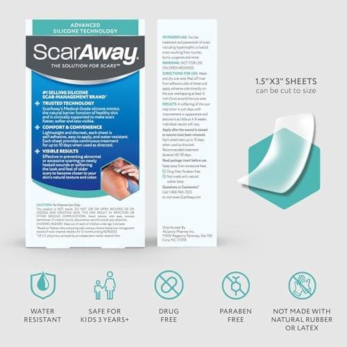 ScarAway Advanced Clear Silicone Scar Sheets, Medical Grade Silicone Strips (1.5" x 3") Scar Treatment and Prevention for Surgical, Burn, Body, Hypertrophic & Keloid Scar Treatment, 6 Clear Sheets - görsel 12