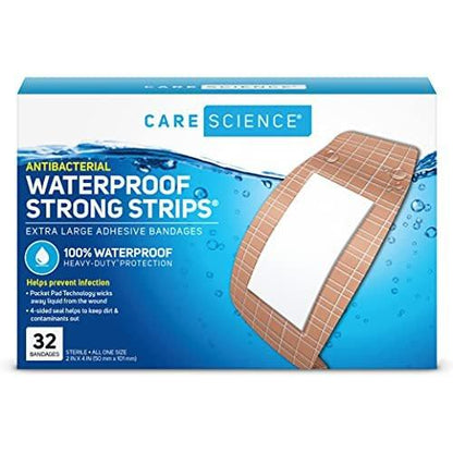 Care Science Waterproof Strong Strips Adhesive Bandages, Extra Large, 32 Count | 100% Waterproof, Heavy-Duty Protection, Helps Prevent Infection for First Aid and Wound Care