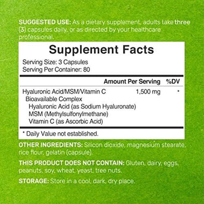 DEAL SUPPLEMENT Hyaluronic Acid Complex 1,500mg – 240 Capsules, with MSM & Vitamin C