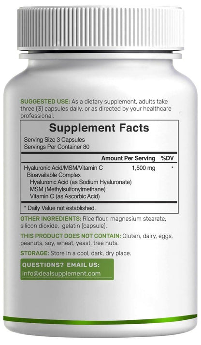 DEAL SUPPLEMENT Hyaluronic Acid Complex 1,500mg – 240 Capsules, with MSM & Vitamin C