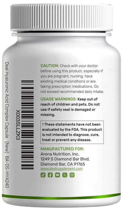 DEAL SUPPLEMENT Hyaluronic Acid Complex 1,500mg – 240 Capsules, with MSM & Vitamin C