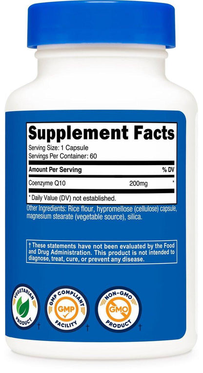 Nutricost CoQ10 200mg, 60 Vegetarian Capsules, 60 Servings - High Absorption, Vegetarian, Non-GMO, Coenzyme Q10