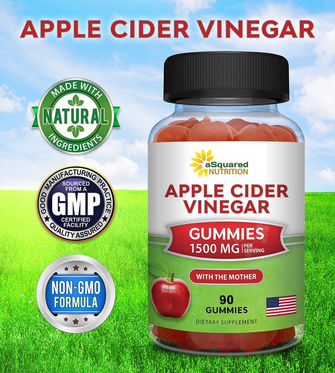 aSquared Nutrition Apple Cider Vinegar Gummies - 1500mg Per Serving - with The Mother - 90 ACV Gummies w/Vitamin B6 & B12, Folic Acid - Vegan Gummy Supplement Alternative to Capsules Pills & Drink - görsel 9