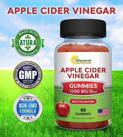 aSquared Nutrition Apple Cider Vinegar Gummies - 1500mg Per Serving - with The Mother - 90 ACV Gummies w/Vitamin B6 & B12, Folic Acid - Vegan Gummy Supplement Alternative to Capsules Pills & Drink