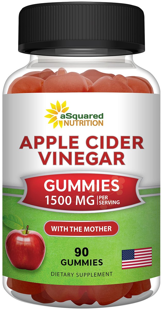 aSquared Nutrition Apple Cider Vinegar Gummies - 1500mg Per Serving - with The Mother - 90 ACV Gummies w/Vitamin B6 & B12, Folic Acid - Vegan Gummy Supplement Alternative to Capsules Pills & Drink - görsel 1