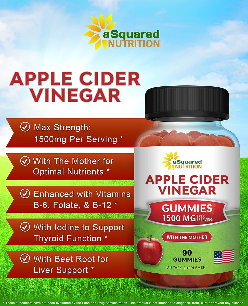 aSquared Nutrition Apple Cider Vinegar Gummies - 1500mg Per Serving - with The Mother - 90 ACV Gummies w/Vitamin B6 & B12, Folic Acid - Vegan Gummy Supplement Alternative to Capsules Pills & Drink - görsel 3