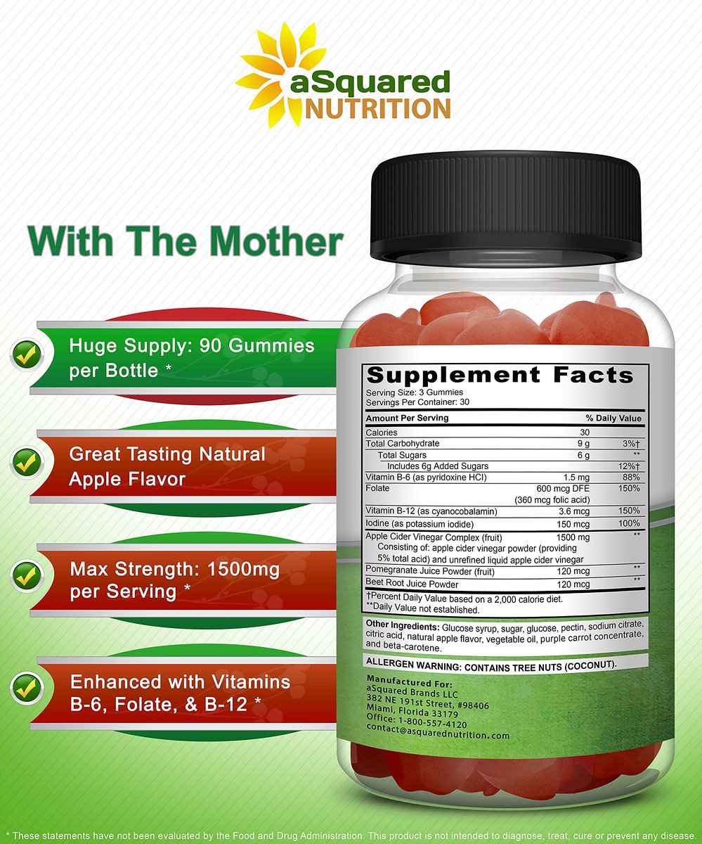 aSquared Nutrition Apple Cider Vinegar Gummies - 1500mg Per Serving - with The Mother - 90 ACV Gummies w/Vitamin B6 & B12, Folic Acid - Vegan Gummy Supplement Alternative to Capsules Pills & Drink - görsel 5
