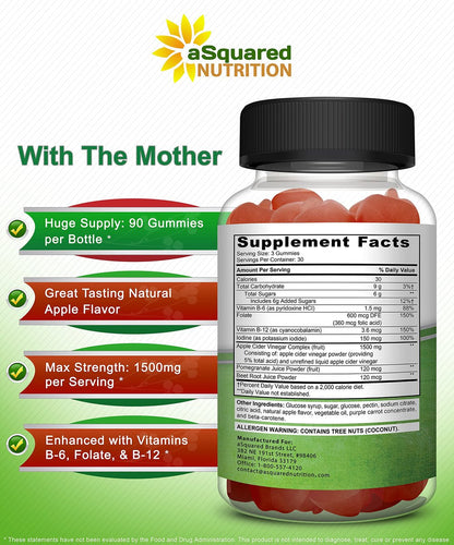 aSquared Nutrition Apple Cider Vinegar Gummies - 1500mg Per Serving - with The Mother - 90 ACV Gummies w/Vitamin B6 & B12, Folic Acid - Vegan Gummy Supplement Alternative to Capsules Pills & Drink