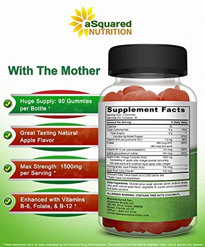 aSquared Nutrition Apple Cider Vinegar Gummies - 1500mg Per Serving - with The Mother - 90 ACV Gummies w/Vitamin B6 & B12, Folic Acid - Vegan Gummy Supplement Alternative to Capsules Pills & Drink - görsel 6