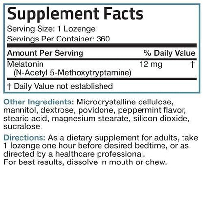 Bronson Melatonin 12mg Fast Dissolve Nighttime Sleep Aid Support & Relaxation Support, 360 Peppermint Vegetarian Lozenges