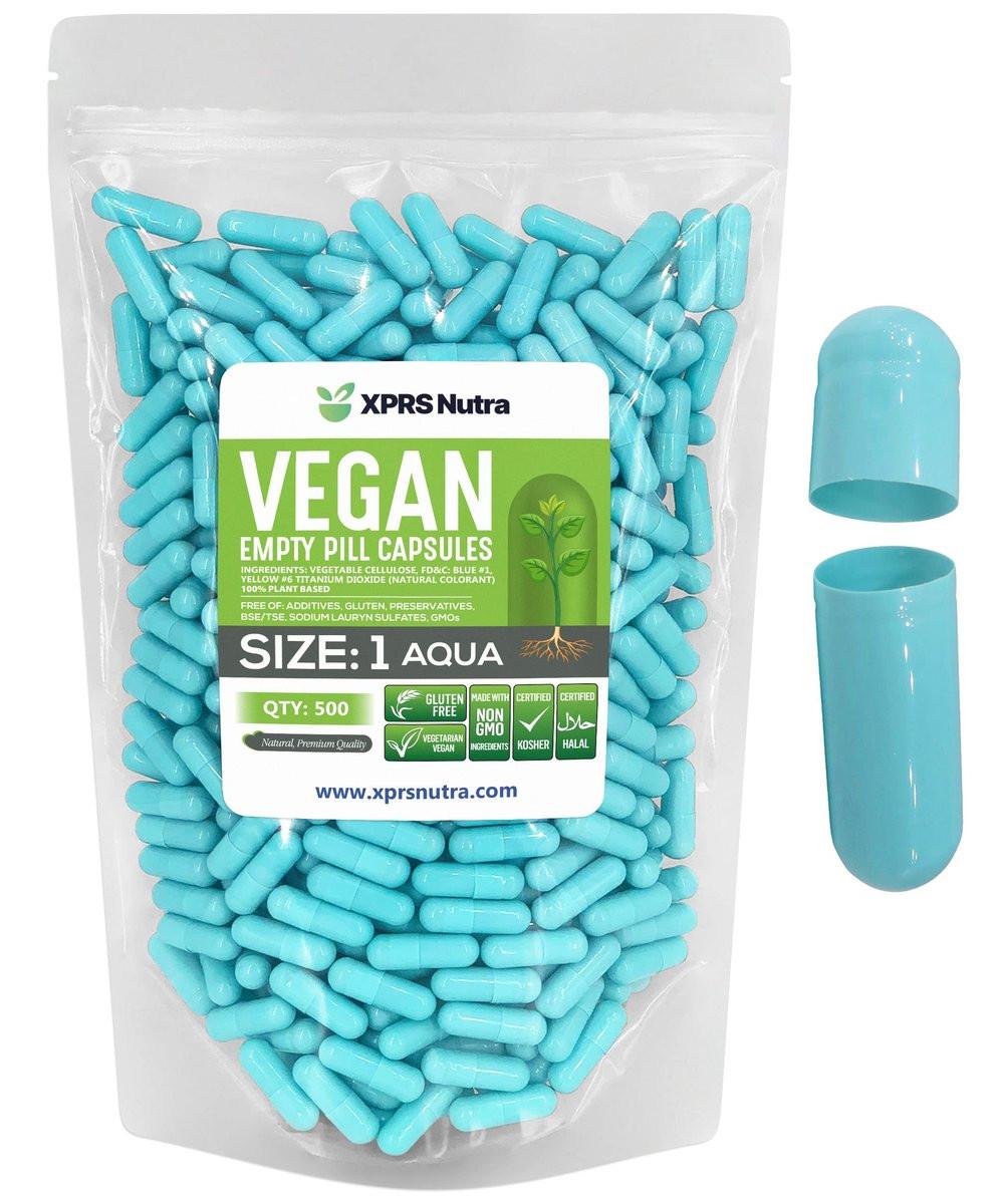 XPRS Nutra Size 1 Empty Capsules - 500 Count Empty Vegan Capsules - Vegetarian Pills DIY Vegetable Capsule Filling- Veggie Pill Caps for Do-It-Yourself Supplements (Aqua) - görsel 1