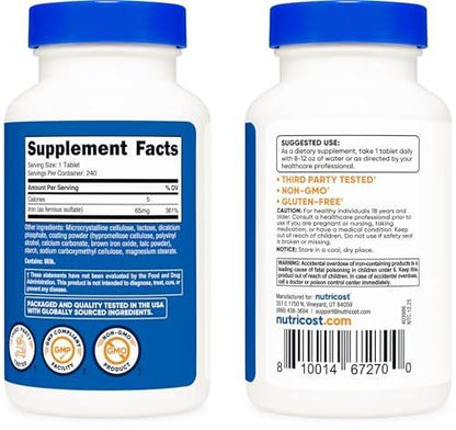 Nutricost Iron (As Ferrous Sulfate) 65mg, 240 Tablets - Non-GMO, Gluten Free
