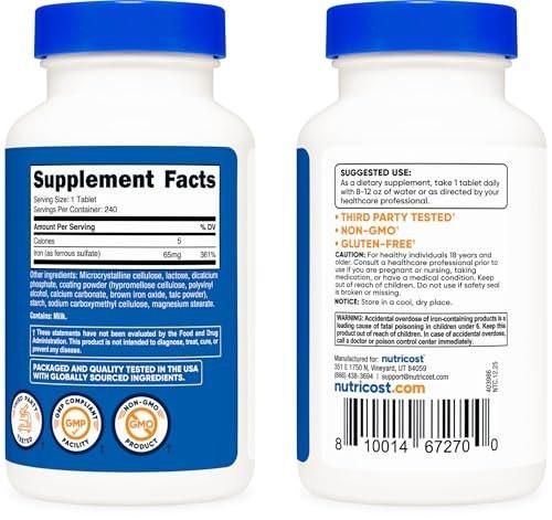 Nutricost Iron (As Ferrous Sulfate) 65mg, 240 Tablets - Non-GMO, Gluten Free - görsel 11