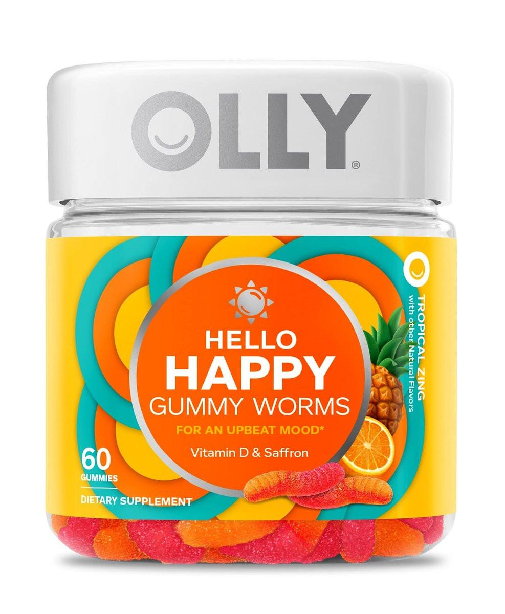 OLLY Hello Happy Gummy Worms, Mood Support Gummies For Adults, Saffron Extract, Vitamin D, Tropical Zing Flavored, 30 Day Supply - 60 Count - görsel 3