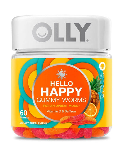 OLLY Hello Happy Gummy Worms, Mood Support Gummies For Adults, Saffron Extract, Vitamin D, Tropical Zing Flavored, 30 Day Supply - 60 Count