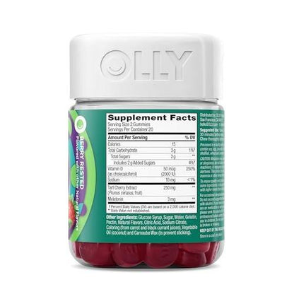 OLLY Muscle Recovery Sleep Gummies, Sleep and Healthy Muscle Support, 3mg Melatonin, Tart Cherry Extract, Vitamin D, Berry Rested Flavor, 40 Count