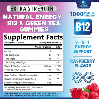 Energy Gummies - Vitamin B12 1000 mcg Per Serving - Daily Energy Chews with Natural Caffeine from Green Tea, Berry Flavored B12 Gummy Exercise Supplement for Running Cycling & Sports - 60 Gummies