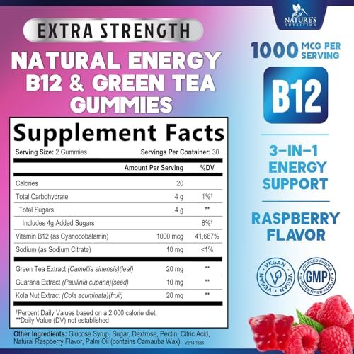 Energy Gummies - Vitamin B12 1000 mcg Per Serving - Daily Energy Chews with Natural Caffeine from Green Tea, Berry Flavored B12 Gummy Exercise Supplement for Running Cycling & Sports - 60 Gummies - görsel 4